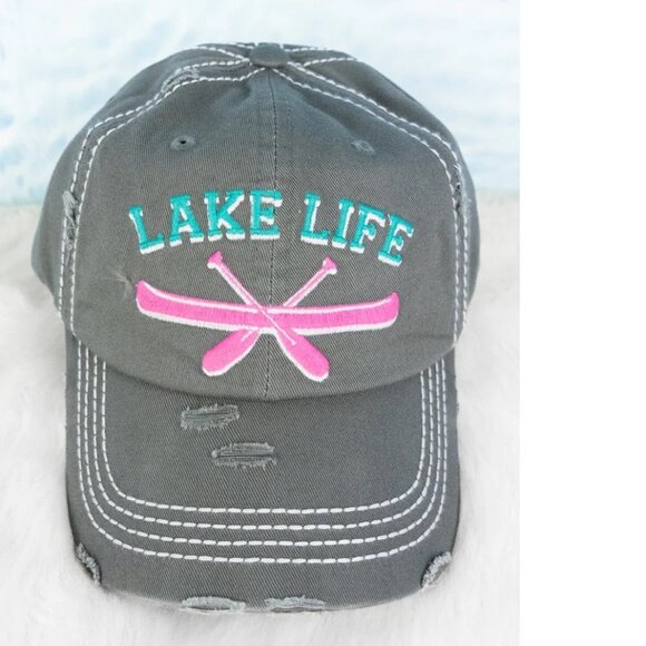 One Blessed Nana Accessories - NWT BOUTIQUE  Distressed Steel Gray 'Lake Life' Cap Hat
